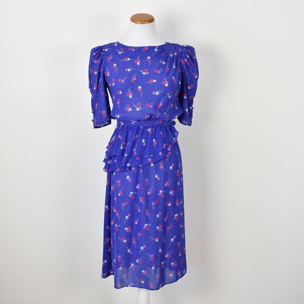 80's Vintage Floral Belted Peplum Formal Dress - 4